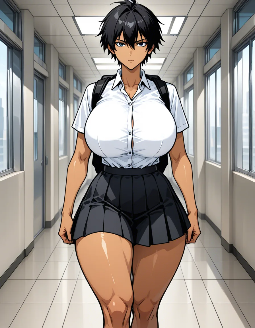 Short black hair, tan skin, tomboy, huge round breasts, thick thighs, school uniform, black skirt, black backpack, walking down the empty school hallway, serious look, athletic build. 


(FluxAI), hentai_studio_quality, hentai_studio_quality, hentai_studio_quality, hentai_studio_quality, hentai_studio_quality