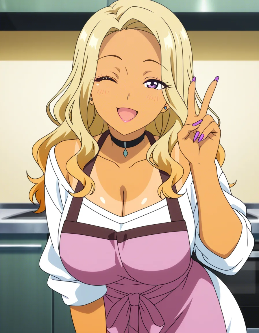 1girl, gyaru fashion, gyaru nails, tanned skin, long wavy hair, black choker, housewife, oversized shirt as apron dress, leaning on kitchen counter, winking, cozy apartment background, afternoon light, detailed eyes, vibrant colors, high detail , mature_female , cleavage , v, (anime style:1.3), 2d, anime screencap, cel shading, flat color