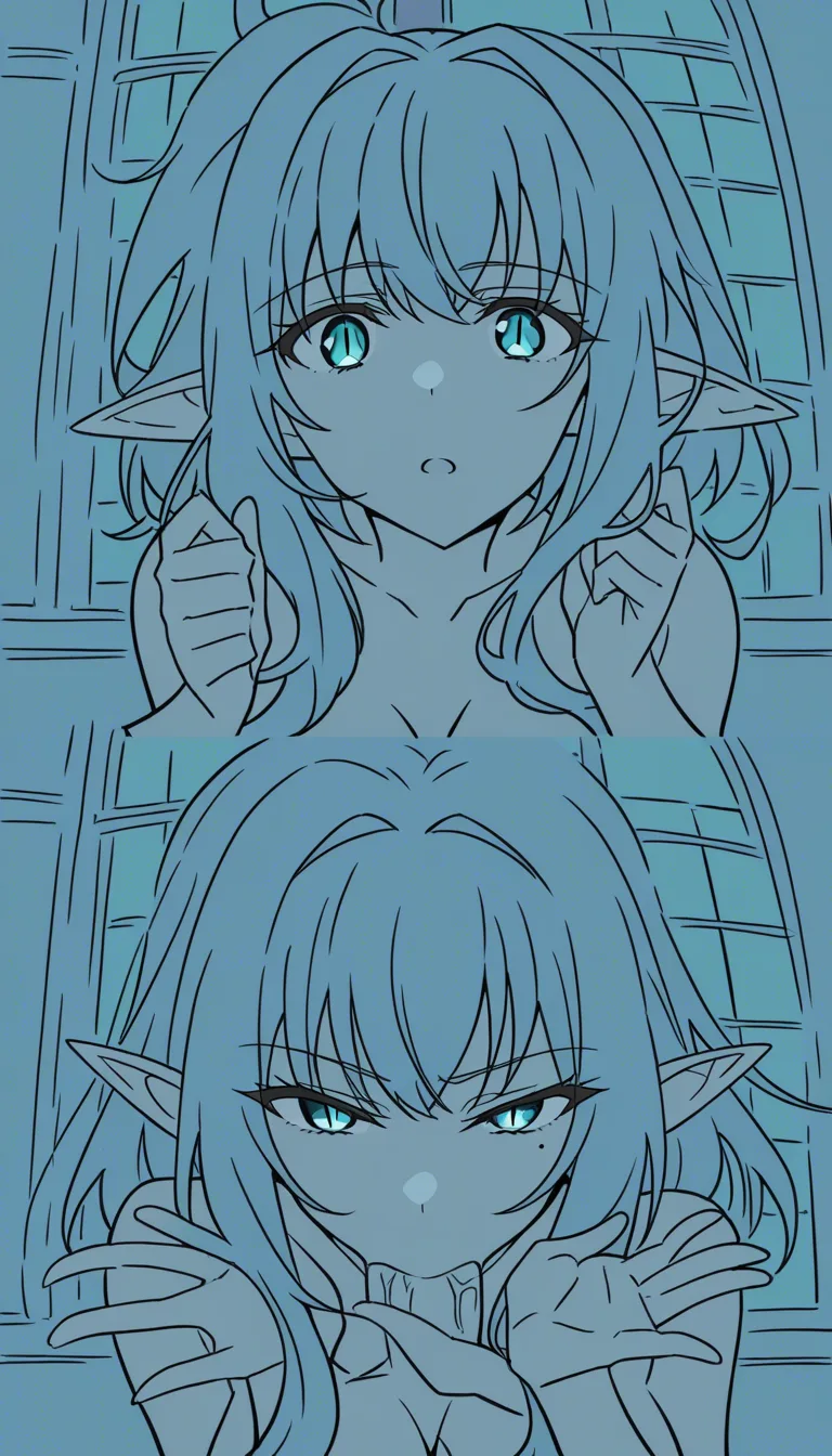 masterpiece, clean art, elf girl, oral, hands up, window, doujin style, mole, slit_pupils