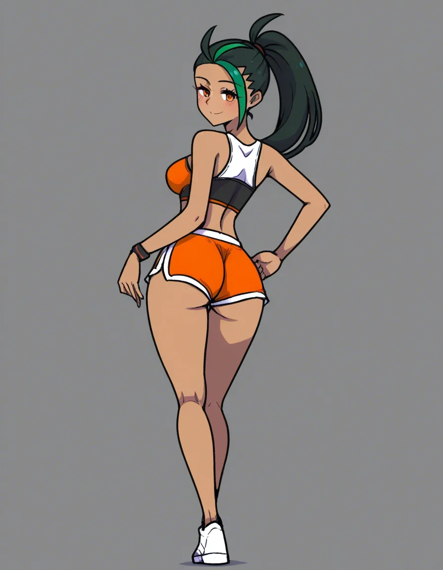 akairiot_artstyle, @nemona_(pokemon), 1girl, smile, blush, dolphin_shorts, orange_shorts, ass, standing, looking_at_viewer, eye_contact, full_body, from_behind, (anime style:1.3), 2d, anime screencap, cel shading, flat color, @00osamio00