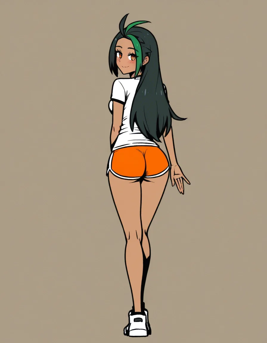 akairiot_artstyle, @nemona_(pokemon), 1girl, smile, blush, hair_down, dolphin_shorts, orange_shorts, ass, standing, looking_at_viewer, eye_contact, full_body, from_behind, (anime style:1.3), 2d, anime screencap, cel shading, flat color, @00osamio00