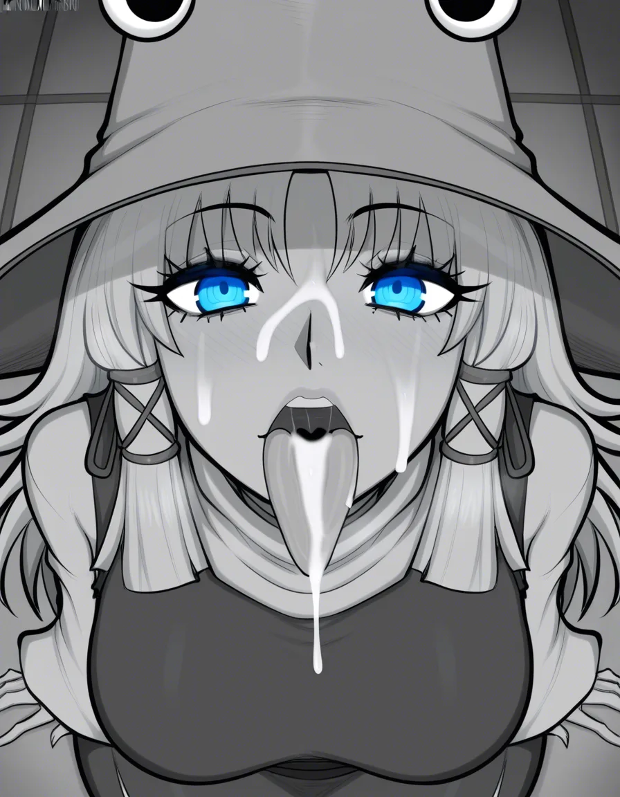 afrobull_artstyle, @moriya_suwako, 1girl, aged_up, medium_breasts, long_tongue, very_long_tongue, tongue_out, saliva, drooling, naughty_face, cum, facial, cum_on_tongue, looking_up, looking_at_viewer, eye_contact, from_above, pov, (anime style:1.3), 2d, anime screencap, cel shading, flat color, @00osamio00