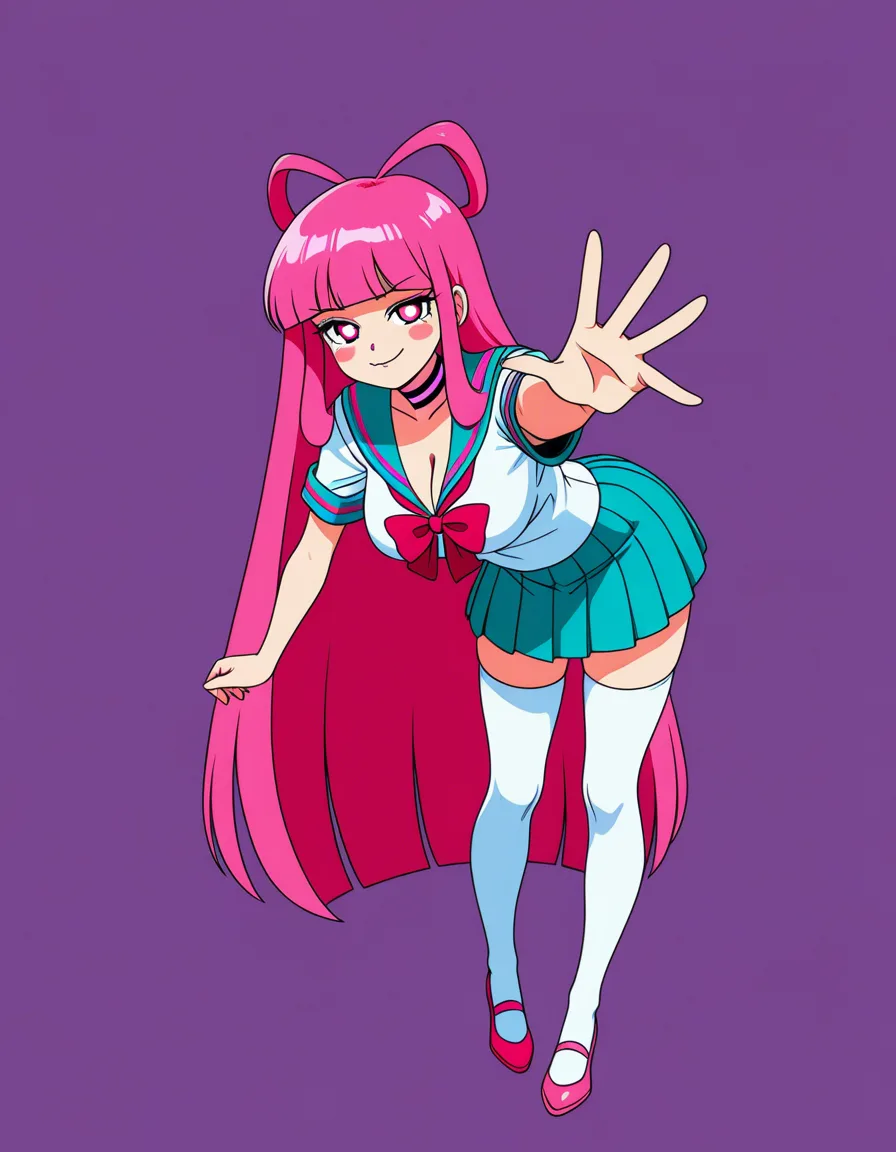 official_art, retro_artstyle, 90s, @giffany, gravity_falls, 1girl, solo, clothed, pink_hair, blunt_bangs, blush_stickers, sidelocks, very_long_hair, pink_eyes, round_face, round_eyes, naughty_face, come_hither, heart-shaped_pupils, large_breasts, cleavage, school_uniform, serafuku, striped_collar, rainbow_sailor_collar, pleated_skirt, aqua_skirt, white_serafuku, white_thighhighs, pink_shoes, full_body, standing, looking_at_viewer, eye_contact, fourth_wall, reaching_towards_viewer, hentai_studio_quality