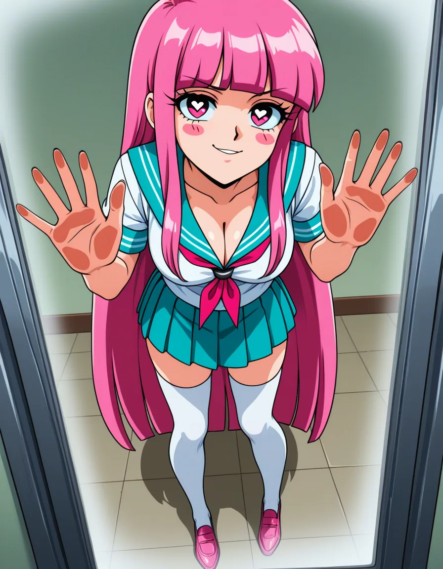 official_art, retro_artstyle, 90s, @giffany, gravity_falls, 1girl, solo, clothed, pink_hair, blunt_bangs, blush_stickers, sidelocks, very_long_hair, pink_eyes, round_face, round_eyes, naughty_face, come_hither, heart-shaped_pupils, large_breasts, cleavage, school_uniform, serafuku, striped_collar, rainbow_sailor_collar, pleated_skirt, aqua_skirt, white_serafuku, white_thighhighs, pink_shoes, full_body, standing, looking_at_viewer, eye_contact, fourth_wall, reaching_towards_viewer, against_glass, hands_on_glass, hentai_studio_quality