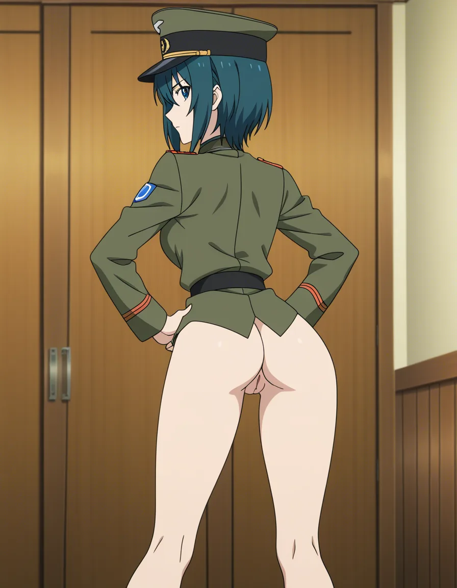 Make a anime girl in a military uniform bending over at the hips looking back at you showing her pussy no pants on also make her standing partially standing side ways (anime style:1.3), 2d, anime screencap, cel shading, flat color, hentai_studio_quality, hentai_studio_quality