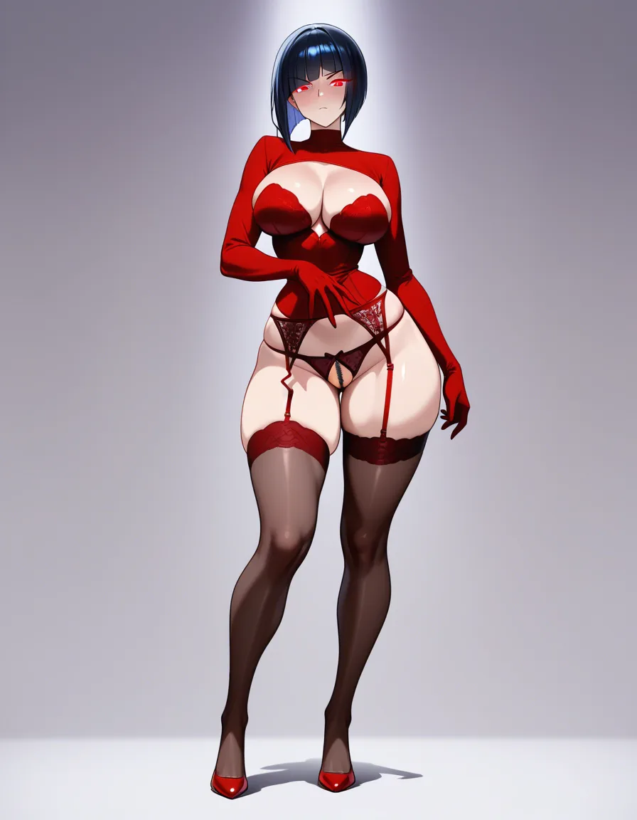 masterpiece, best quality, ultra detailed, glossy anime style, vibrant colors, sharp lines, dynamic lighting

beautiful high tall MILF with authoritative and dominant facial expression, sharp authoritative eyes, seductive piercing gaze, long flowing wavy hair with voluminous layers and soft bangs, classic Russian bob haircut (каре) with straight cut at jawline, perfect feminine proportions

face: sharp cheekbones, high forehead, strong jawline, seductive red glowing eyes with intense stare, subtle blush, glossy lips

body: extremely large breasts, narrow waist, wide hips, large round plump butt, long toned legs, curvy voluptuous figure, slim thick build

wearing seductive red lace lingerie set: push-up bra with delicate lace trim, matching crotchless or high-cut panties, garter belt, sheer stockings, elegant red lace details

glossy skin with light reflections, perfect anatomy, full body view, elegant pose, standing with slight hip tilt, confident powerful stance, beautiful lighting, cinematic, 8k, hentai_studio_quality