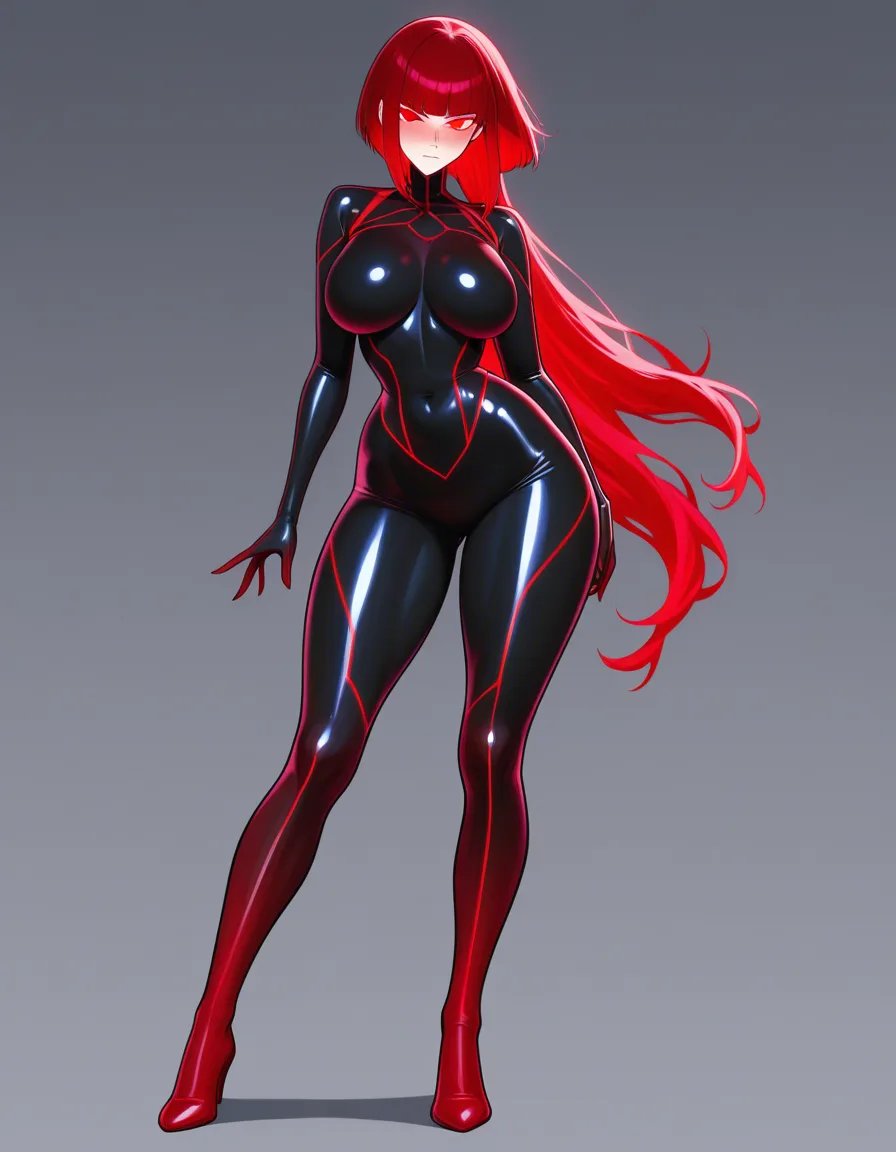 masterpiece, best quality, ultra detailed, vibrant glossy anime style, slightly painted hand-drawn look, cute anime girl, clean sharp lines, soft shading, vibrant colors, glossy highlights

beautiful high tall MILF with authoritative and dominant facial expression, sharp authoritative eyes, seductive piercing gaze, long flowing wavy hair with voluminous layers and soft bangs, classic Russian bob haircut (каре) with straight cut at jawline, perfect feminine proportions

face: sharp cheekbones, high forehead, strong jawline, seductive red glowing eyes with intense stare, subtle blush, glossy lips

body: extremely large breasts, narrow waist, wide hips, large round plump butt, long toned legs, curvy voluptuous figure, slim thick build

wearing only tiny red lace lingerie: tiny red lace push-up bra and matching red lace panties

glossy skin with light reflections, perfect anatomy, full body view, elegant pose, standing with slight hip tilt, confident powerful stance, beautiful lighting, cinematic, 8k, hentai_studio_quality