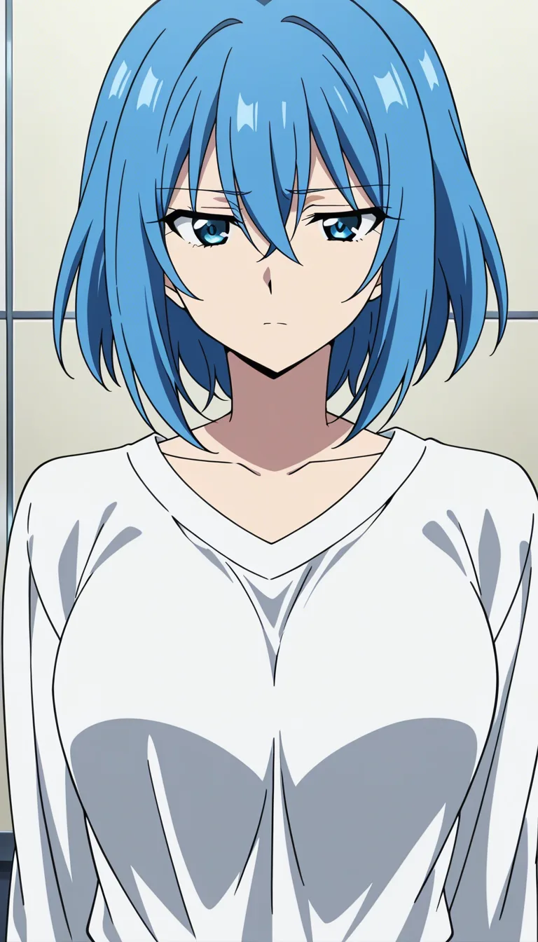 Blue hair with white shirt that Is sort and shows her breasts