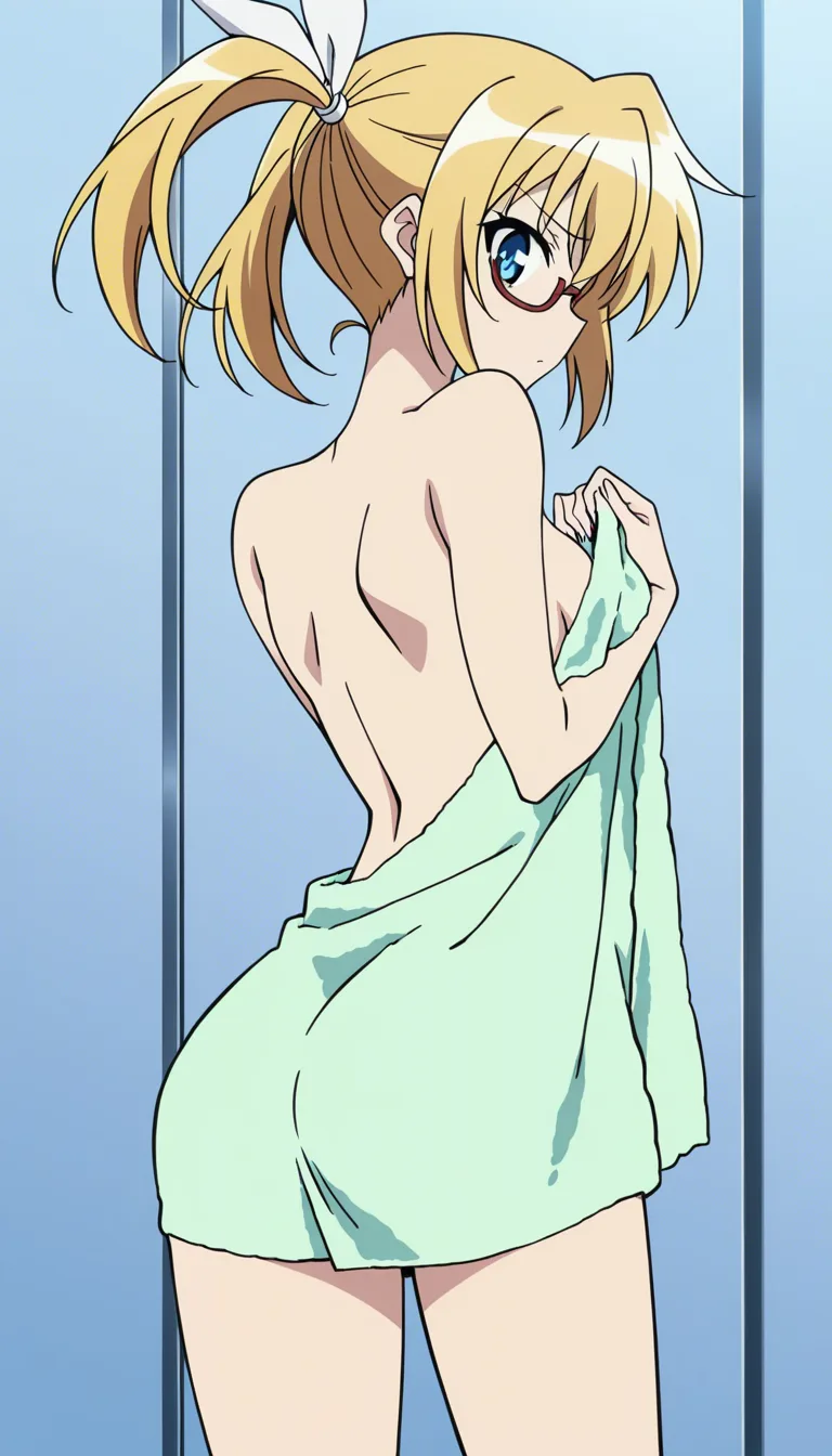A cute, long-legged girl with glasses, small breasts and butt, and pigtails undresses, takes off her towel, and turns her back