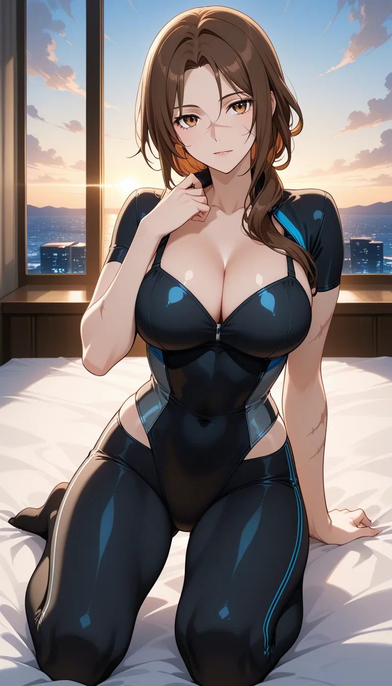 ultra detailed shading, brunette woman, kneeling on bed, scar, sky, visual novel art, hentai_studio_quality