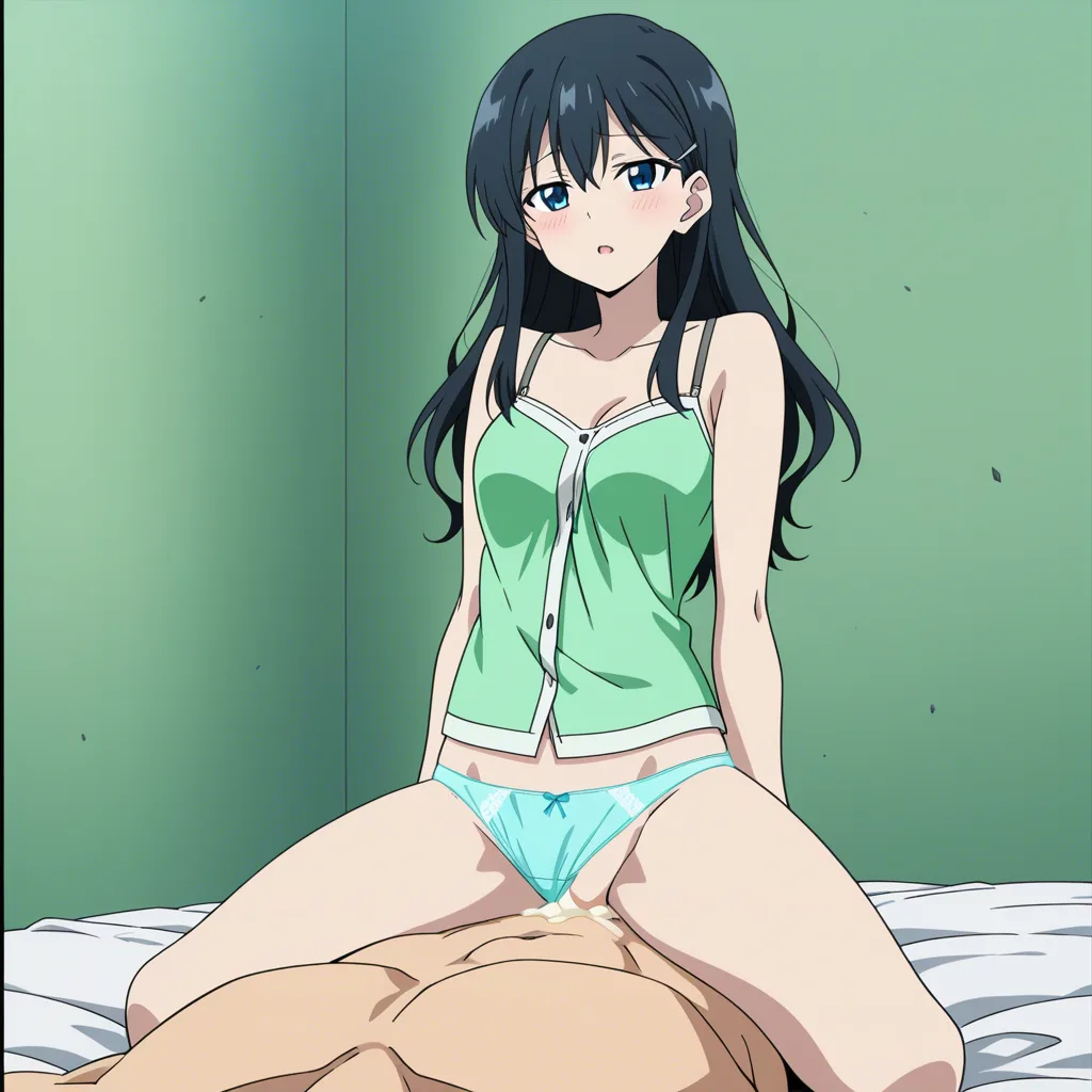 Anime, black_hair , panties_aside , cowgirl_position , cumdrip , orgasm , bed