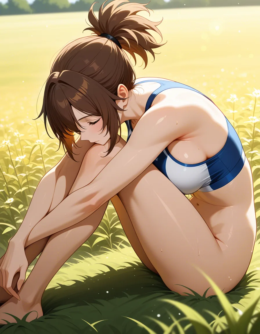 A girl doing stretches in a field. She is wearing no underwear. She is only wearing a banded sports bra.

she has an athletic body.

she has lightly tanned skin, with brown hair in a messy ponytail. 

Her vaguna is visible as she stretches., hentai_studio_quality