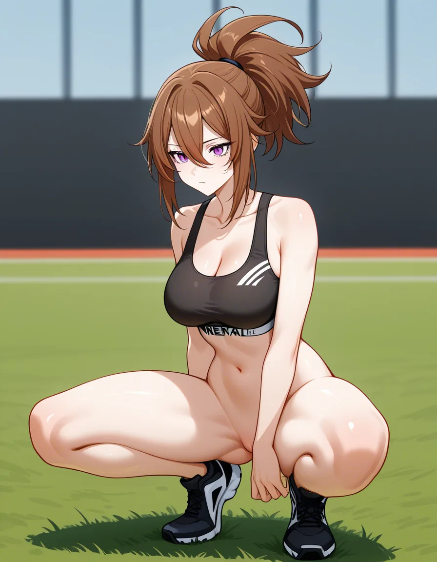 A girl squatting in a sports field. She is wearing no underwear. She is only wearing a banded sports bra.

she has an athletic body.

she has lightly tanned skin, with brown hair in a messy ponytail. 

she is sweaty and has a neutral expression

Camera angle is low, allowing her vagina to be seen from the front. hentai_studio_quality, hentai_studio_quality