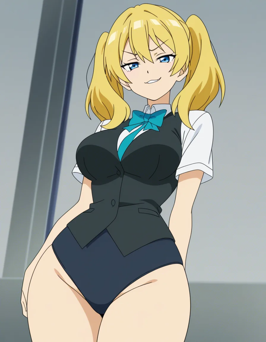 smug twintails blonde_hair blue eyes smirk school_uniform large_breasts wide_hips thick_thighs 1girl looking_at_viewer, (anime style:1.3), 2d, anime screencap, cel shading, flat color, @00osamio00