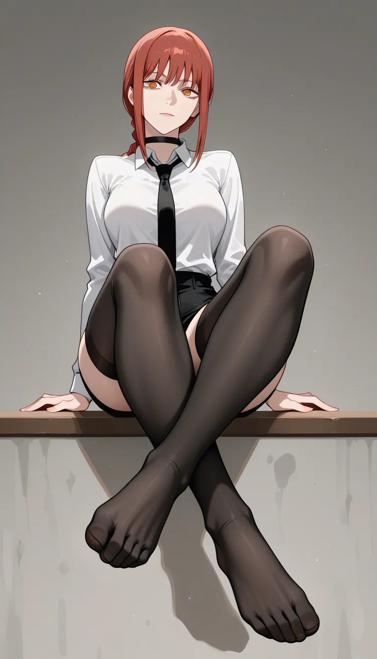 @makima_(chainsaw_man) #white_shirt #tie #black_thighhighs #looking_at_viewer #feet #sitting #choker toes up, hentai_studio_quality