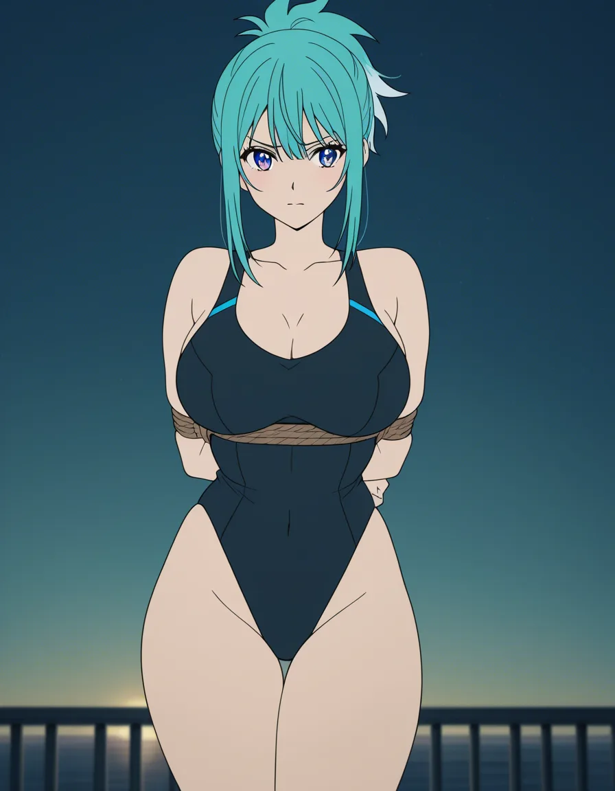 highres, vivid, solo, bondage, curvy figure, sidelocks, sky, vivid anime colors, (anime style:1.3), 2d, anime screencap, cel shading, flat color, @00osamio00