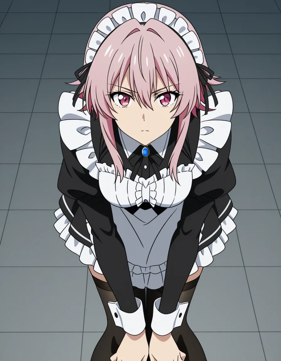 highly detailed, sharp, maid, bent over, medium breasts, eroge aesthetic and shes ebony, (anime style:1.3), 2d, anime screencap, cel shading, flat color, @00osamio00