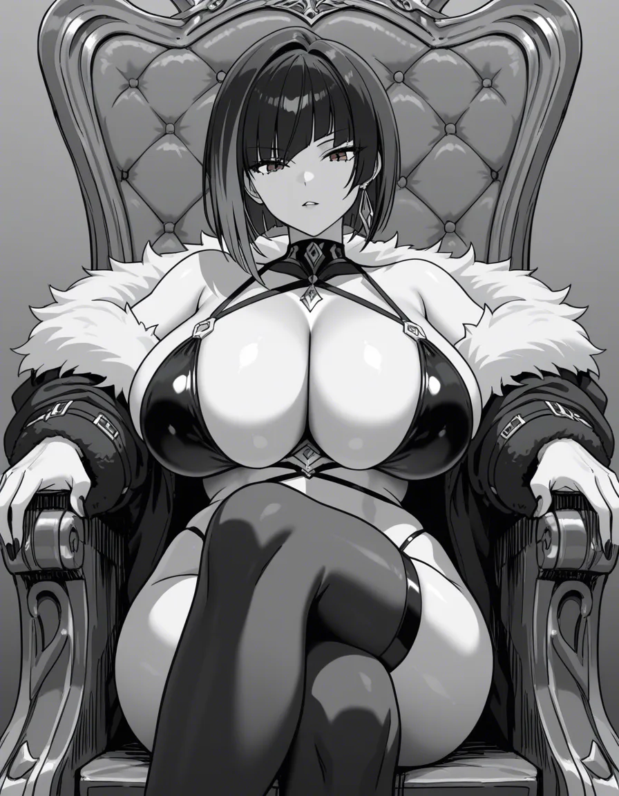 (hot busty beauty girl), 24yo supermodel LUC1LL3, short stylish hair, beauty face, huge breasts, sit seductive on a throne, fur coat, jewelry, romantic gaze, dynamic pose, sexy environment, hentai_studio_quality, hentai_studio_quality