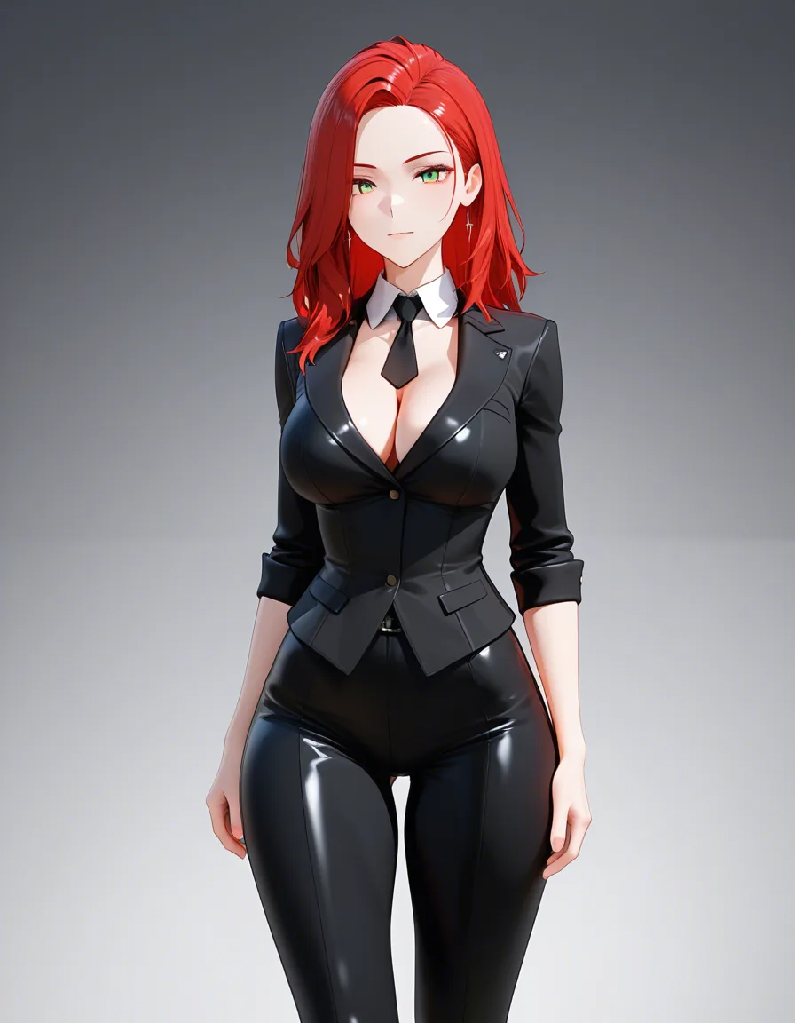 detailed textures, 8k, redhead woman, cleavage, necktie, presenting, CGI, score_9, score_8, 3d render, octane render, subsurface scattering, ray tracing, smooth shading
