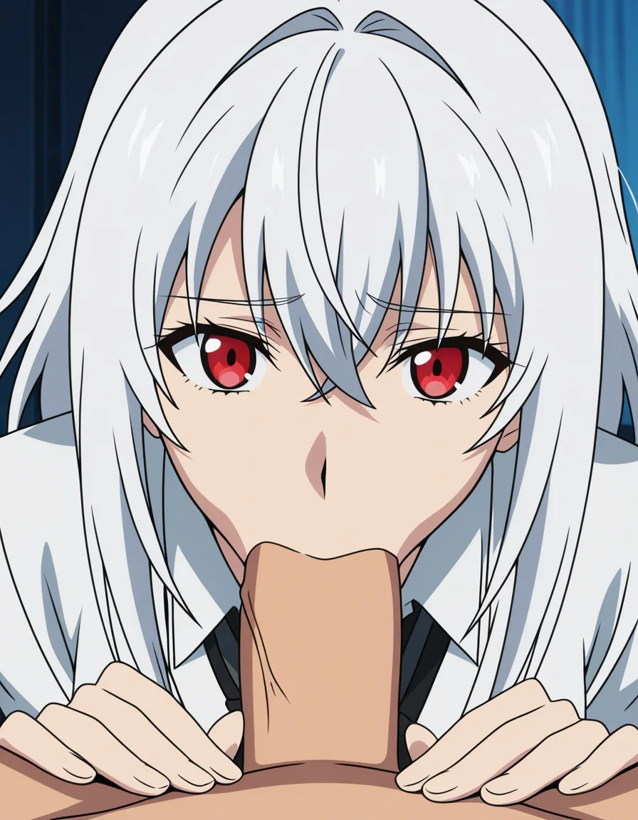 fellatio, white_hair, red_eyes, hands_around_dick, (anime style:1.3), 2d, anime screencap, cel shading, flat color