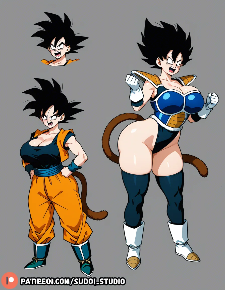 Girl, Saiyan_girl, huge_breasts, huge_ass, Saiyan_armor, black_hair, Monkey_tail, full_body, Broken_armor, laughing, hentai_studio_quality