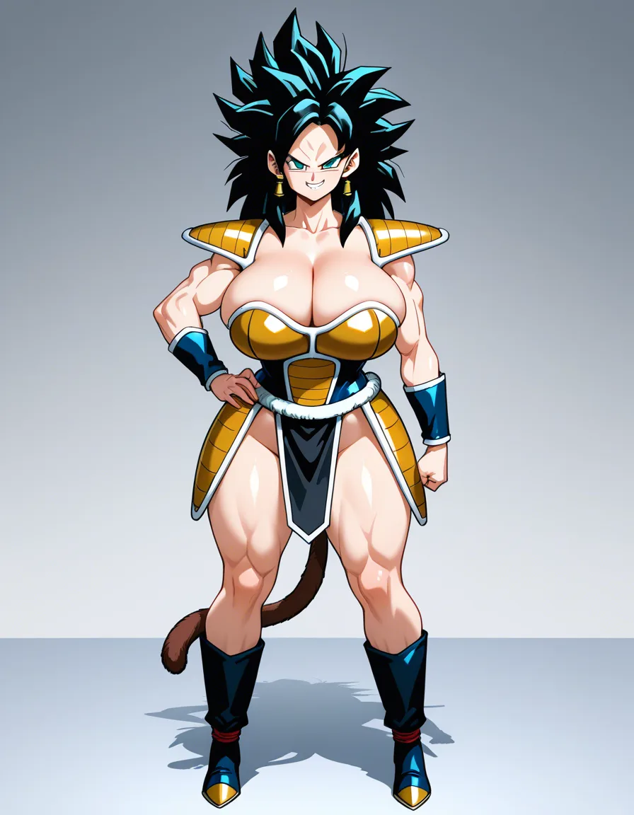 Girl, Saiyan_girl, huge_breasts, huge_ass, Saiyan_armor, black_hair, Monkey_tail, full_body, Broken_armor, evil_smile, long_hair, standing, Front_view, hentai_studio_quality