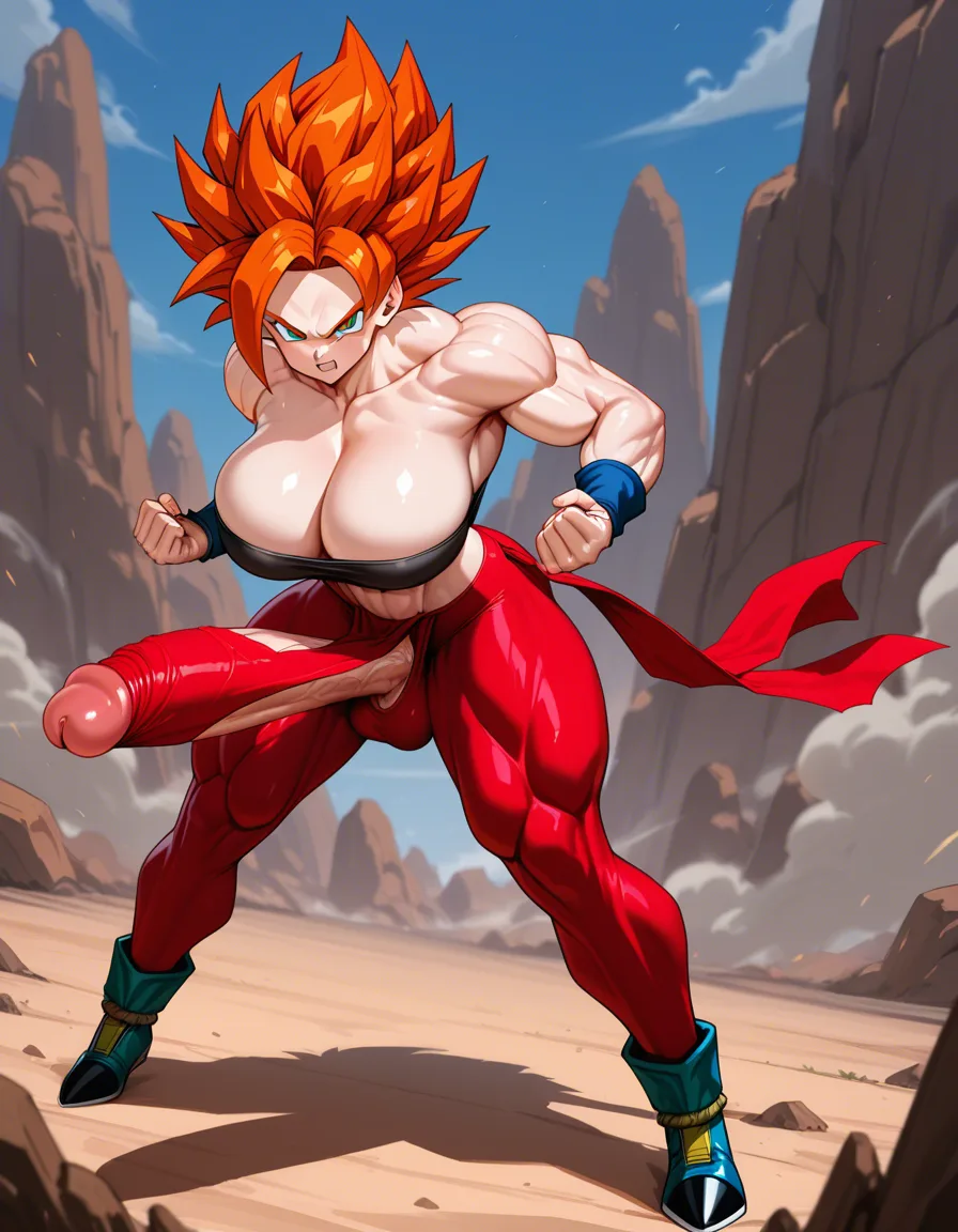Girl, Saiyan_girl, massive_breasts,  massive_ass, Futanari, massive_penis, red_hair, only_pant, red_cloth, tight_clothes, standing, Super_saiyan_1, Golden_hair, no_shirt, muscular_female, angry, looking_at_viewer, hentai_studio_quality