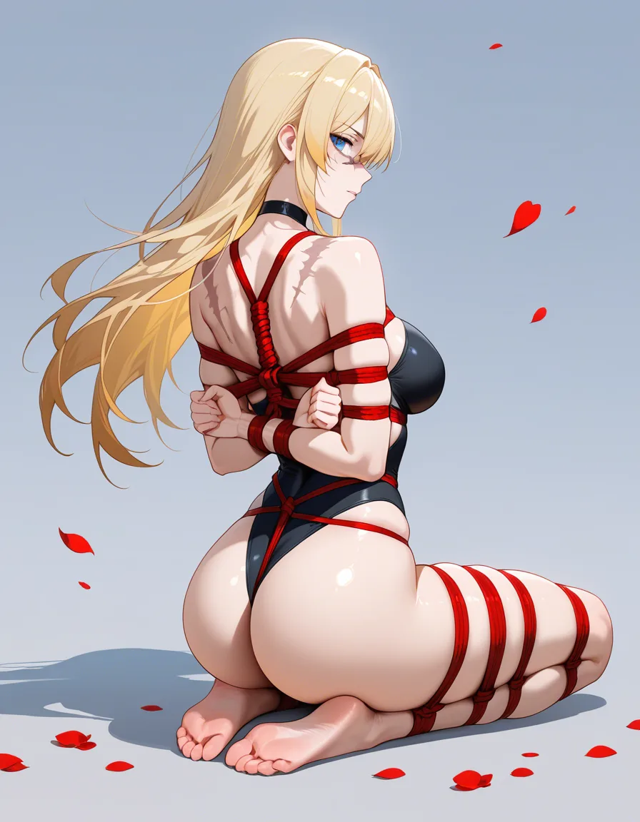 best quality, polished, fitness model, bondage, scar, blonde hair, petals, detailed shading, hentai_studio_quality