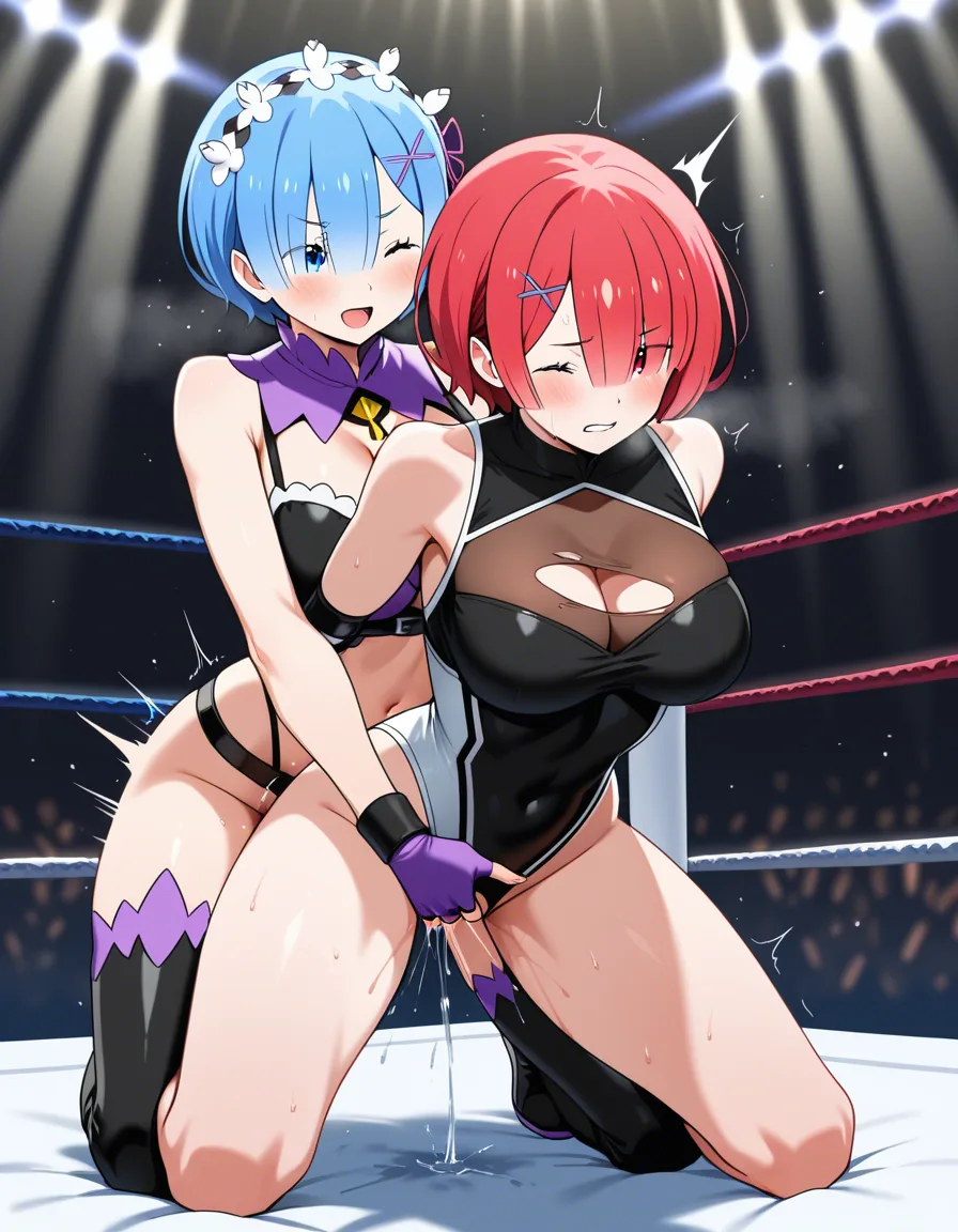 2girls , Best_quality, ultra_detailed, @ram_(re:zero)-blue_hair , @jessie_(pokemon)-red_hair , yuri sex ,wrestling_ring wrestling defeated, pussy_juice squirting orgasm , bruised , strap-on vaginal, torn_clothes wince, kneeling fingering sex_from_behind, hentai_studio_quality, hentai_studio_quality