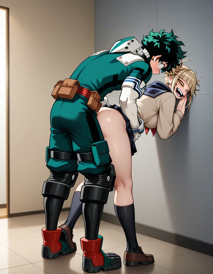 character: midoriya_izuku, toga_himiko. A full body shot from a side angle depicts toga_himiko as a futanari, positioned behind and engaging in anal penetration with midoriya_izuku. Toga himiko, featuring her messy blonde hair in double buns and yellow slit pupils, is leaning forward, her hands gripping midoriya izuku's hips firmly. Midoriya izuku, with his short green hair and green eyes, is bent forward, his face showing a mixture of pleasure and intensity. Both characters are unclothed to emphasize the physical connection. The scene is set in a minimalist indoor environment with soft, neutral-toned walls and a polished floor. The lighting is warm and diffused, creating a soft glow on their skin and highlighting the muscular detail of their bodies, evoking an intimate and passionate atmosphere., hentai_studio_quality, hentai_studio_quality, hentai_studio_quality, hentai_studio_quality, hentai_studio_quality, hentai_studio_quality, hentai_studio_quality, hentai_studio_quality, hentai_studio_quality, hentai_studio_quality, hentai_studio_quality