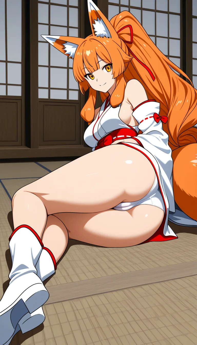2 Masterpiece, 1girl, natural perky medium breasts, beige fur, panties, beside ass, from beside, smile, Cameltoe, outfit, from behind, lying on ground, thighs together, Ceroba Ketsukane, Kitsune (fox-like monster), no fox tail, humanoid anthropomorphic fox, beige fur, long wavy ginger-orange hair, donning attire modeled after a modified miko (shrine maiden) uniform, short kimono, short white dress where the top is structured like a traditional Japanese kimono, complete with red trimmings along the collar, hem, sleeves, thick red obi sash is tied around her waist to secure the dress, hair is held up in a high ponytail using a piece of red ribbon featuring a small gold bell right at the center, standard white boots that feature red trim along top edges, Her head features prominent fox ears, cozy disty office for single worker room background ... single continuous shot, full widescreen view, one single image, uninterrupted scene, no borders, no panels, wide angle cinematic photograph, single perspective, edge-to-edge frame ... modern digital drawing style, clean monoline ink linework, flat cel shading with minimal soft gradients, vibrant color palette with high-contrast accent tones, minimalist geometric background elements, crisp vector-like finish, contemporary graphic illustration., hentai_studio_quality, hentai_studio_quality, hentai_studio_quality, hentai_studio_quality, hentai_studio_quality, hentai_studio_quality, hentai_studio_quality, hentai_studio_quality