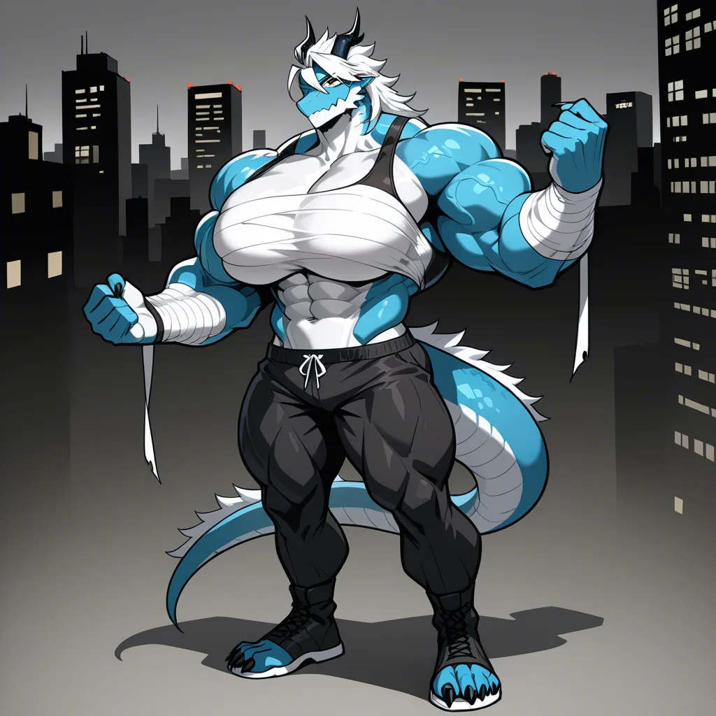Dragon girl, huge breast, muscular female, huge muscles, full body , city, bando bandages, hentai_studio_quality