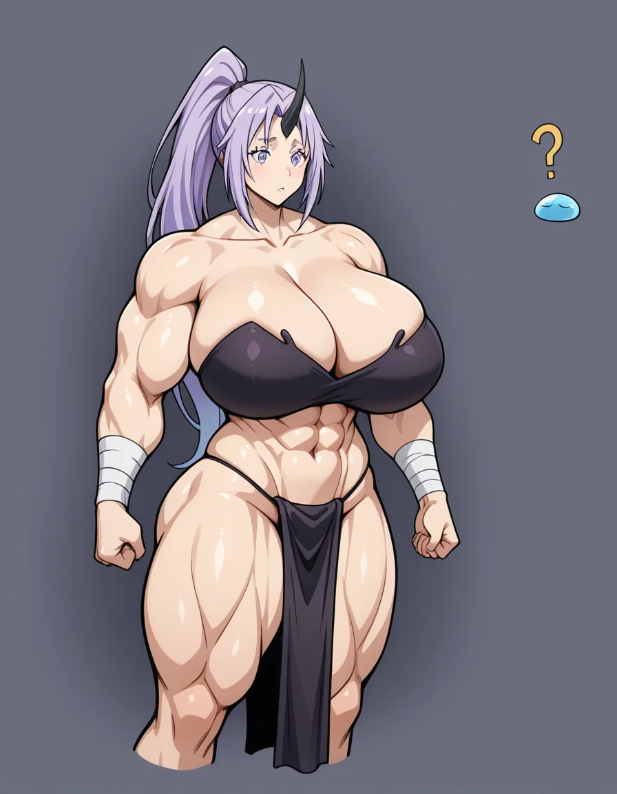 ultra detailed, Shion (tensei shitara slime datta ken), cultists around women, maturne female, huge breast, body transformation, muscle mommy, muscular female, loincloth, thick thighs, toned body, hentai_studio_quality