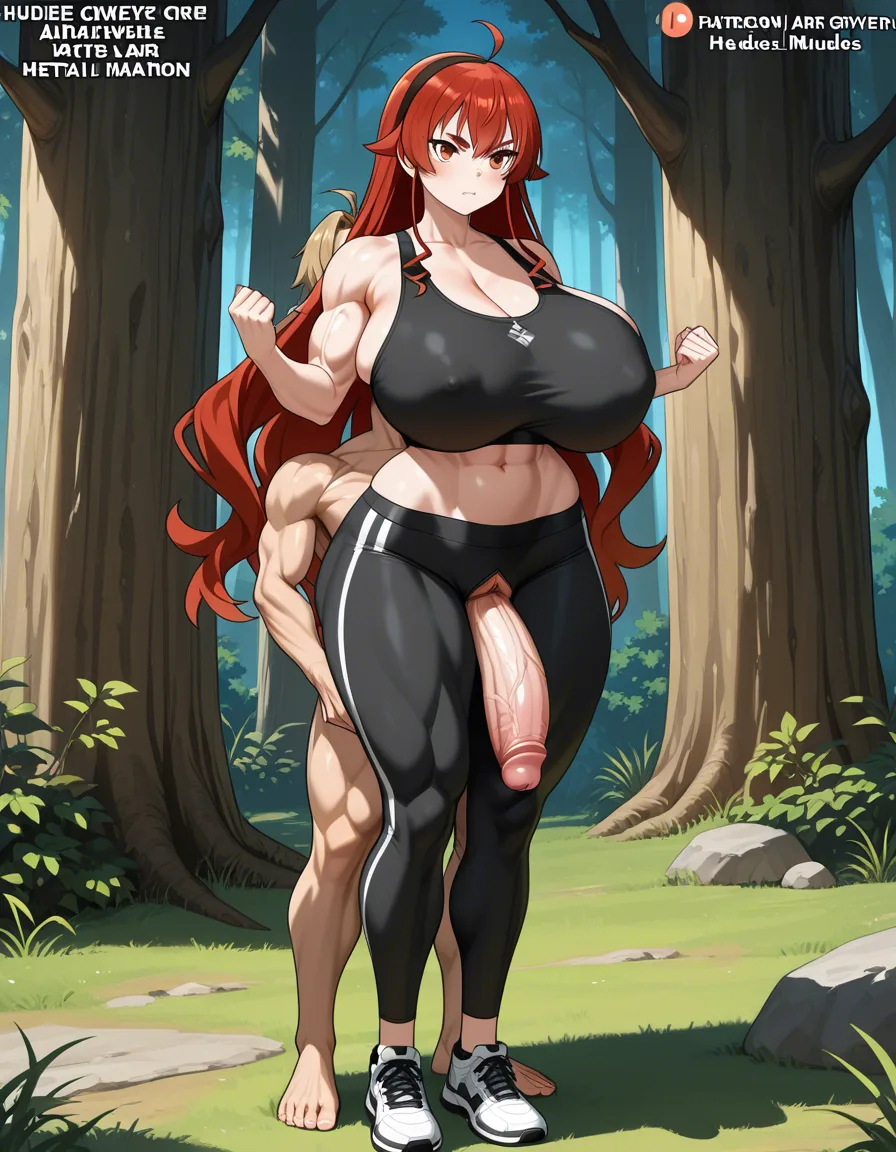 @eris_greyrat, @rudeus_greyrat, athletic female, huge_breasts female, hude muscles female, sex, forest, huge penis male, full body, hentai style, short male, tall female, hentai_studio_quality