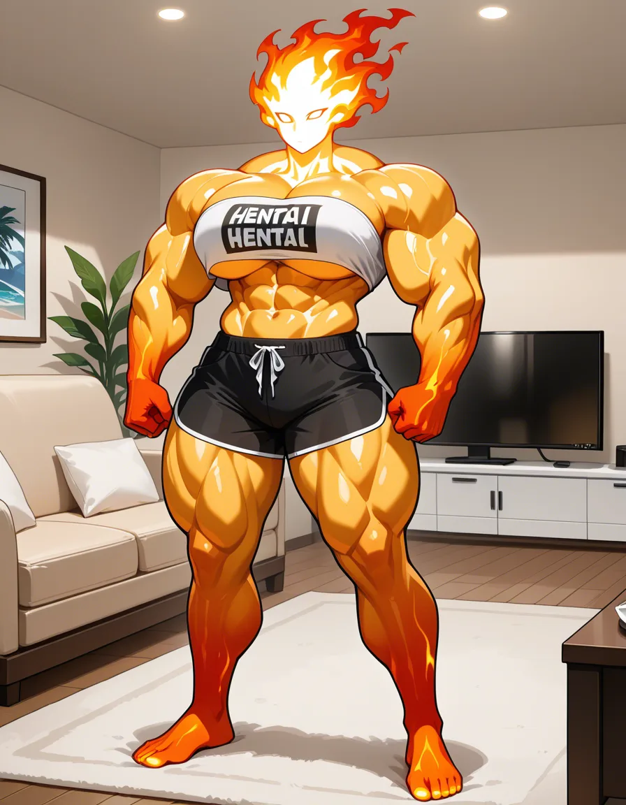 elemental girl, fire elemental, flaming body, flaming hair, flaming head, mature_female, full body, clothes female, muscular_female, gigantic muscles, top bando, short_shorts, living room,, hentai_studio_quality