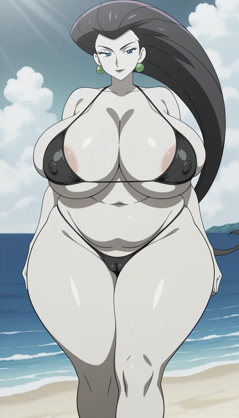 Jessie_(pokemon), milf, mature body, fat chubby thick wife plump thighs, big wide curvy body, huge big boobs, big wide hips, tight bikini, puffy cameltoe pussy, standing, beach, seductive face,, (anime style:1.3), 2d, anime screencap, cel shading, flat color