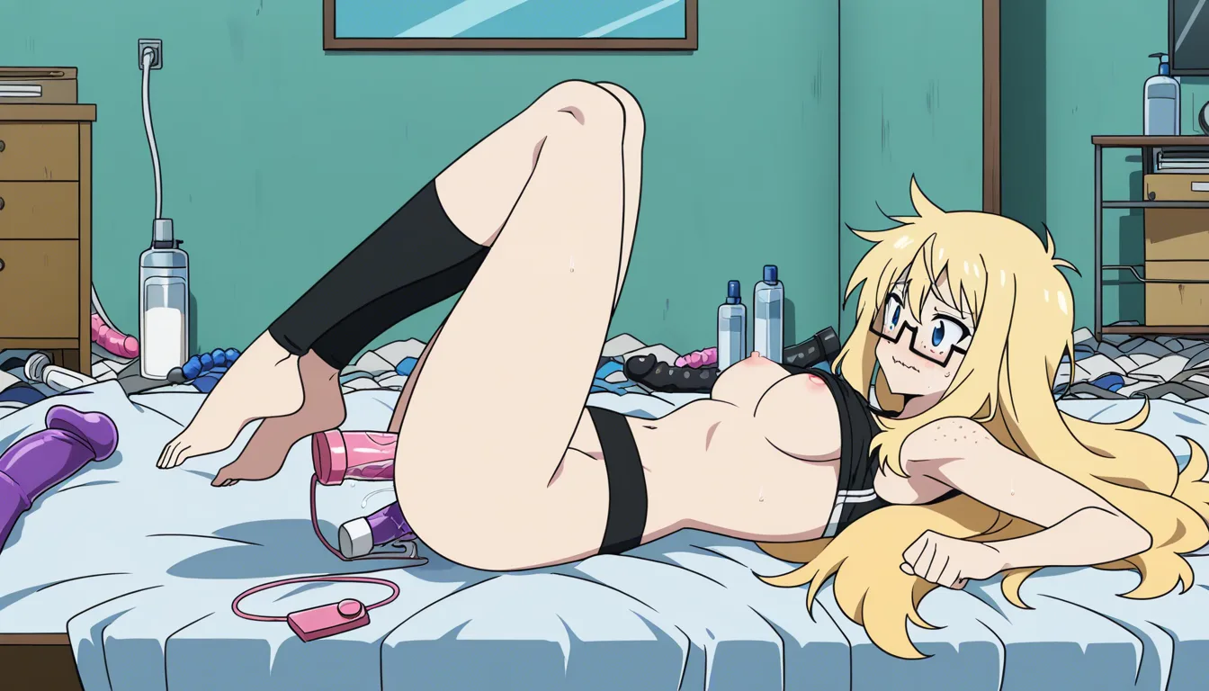 Anime, detailed anime, glossy anime, nerdy blonde, 21 year old, medium breasts, shoulder long hair, rectangular glasses, freckles, petite, fit physique, wavy mouth, penetration, anal, vaginal, small waist, waist secured with metal, knotted dildo, messy room, excessive lube, nipple vibrators, stirrup leggings, sports_bra moved up, lubed boy, disgusting room