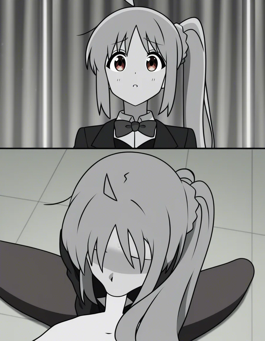 @ijichi_nijika, reverse bunny suit, stage, spread_legs, fellatio, /masterpiece, /ultra_detailed, (anime style:1.3), 2d, anime screencap, cel shading, flat color, @00osamio00