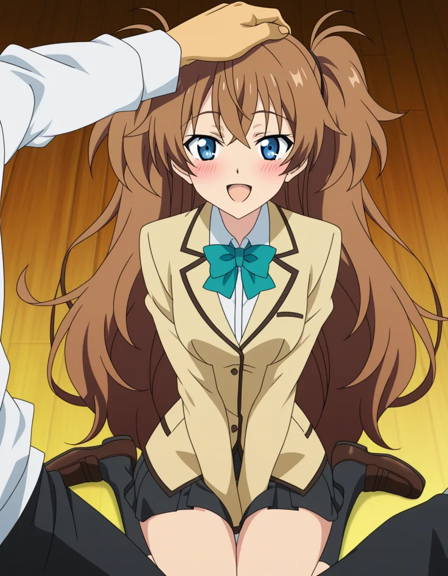 1girl, narrow_waist, curvy, brown_hair, blue_eyes, long_hair, twintails, messy_hair, small_breasts, school_uniform, wariza, looking_at_viewer, blush, :d,
1boy, headpat, (anime style:1.3), 2d, anime screencap, cel shading, flat color