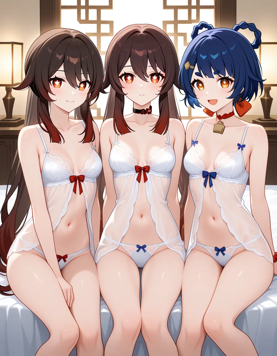 @xiangling_(genshin_impact), @hu_tao_(genshin_impact), @megumin, @ruby_rose, @shinomiya_kaguya, lingerie, sitting on bed as a group facing viewer, /hentai_studio_quality, hentai_studio_quality, multiple_girls, hentai_studio_quality