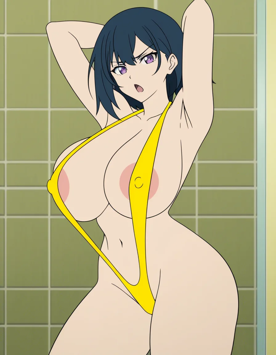 @Astra_Yao, thin_yellow_slingshot_swimsuit, absolutely_thick_hot_bimbo, absurdly_huge_breasts_bigger_than_head, M_cup_massive_tits_size_bigger_than_body, narrow_waist, hourglass_body, armpits, arms_up, bathroom, shower, no_light, nipple_slip, looking_at_viewer, shameless_view, bad_anatomy, sexy, busty, w-shaped_mouth, not_embarassed_expression, 2d, anime_screencap, cel_shading, flat_color, explicit_detail, more_lines_and_nipples_with_drawing_lines_too. huge_ass, (anime style:1.3), 2d, anime screencap, cel shading, flat color,, (anime style:1.3), 2d, anime screencap, cel shading, flat color
