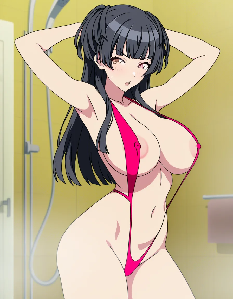 @mayuzumi_fuyuko , thin_pink_slingshot_swimsuit, absolutely_thick_hot_bimbo, absurdly_huge_breasts_bigger_than_head, M_cup_massive_tits_size_bigger_than_body, narrow_waist, hourglass_body, armpits, arms_up, bathroom, shower, no_light, nipple_slip, looking_at_viewer, shameless_view, bad_anatomy, sexy, largely_busty, w-shaped_mouth, not_embarassed_expression, 2d, anime_screencap, cel_shading, flat_color, explicit_detail, more_lines_and_nipples_with_drawing_lines_too. huge_ass, (anime style:1.3), 2d, anime screencap, cel shading, flat color, (anime style:1.3), 2d, anime screencap, cel shading, flat color, (anime style:1.3), 2d, anime screencap, cel shading, flat color