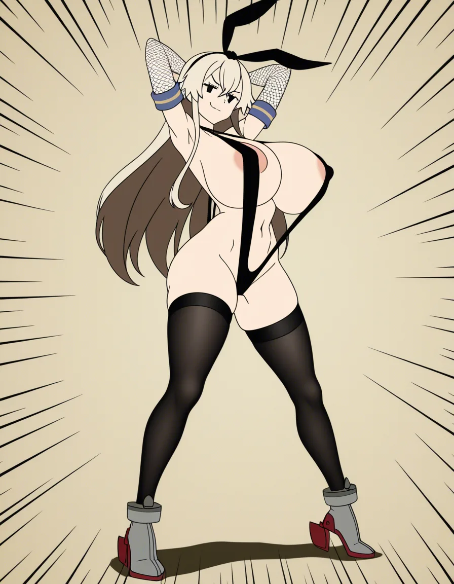 Hentai anime style, @shimakaze_(kancolle) 
but slutty and busty with bunny ears, she has a thinner glossy black stripped slingshot swimsuit with areola nipple_slip with both black fishnets thigh highs and black fishnet arm stockings, shes a fit lean body slut bimbo bad_anatomy , she is caught in the act much embarassed with serious smug and caught silly while shes arms up armpits, with massive breasts, busty f-cup chest size, bad_anatomy, busty, massive huge ass, with massive thick_thighs. In the beach. Full body, standing, sexually_suggestive, ecchi style, accurate extreme detail hentai style, anime, absurd shadow shading, very absurd cel shading, extremely glossy artstyle, art, absurd lighting, absolutely over exaggerated body proportions, extremely_hyper_leaner_and_fitter_body, gigantic_massive_breasts_bigger_than_head, huge_thighs, extremely lean waist, fit body type, extremely_massive_breasts, solo, leaner waist and body, accurate suggestion, /sharp_focus /best_quality /sharp_focus, hentai art style lines, hentai style shading, raw hentai style, (anime style:1.3), (anime style:1.3), 2d, anime screencap, cel shading, flat color, (anime style:1.3), 2d, anime screencap, cel shading, flat color