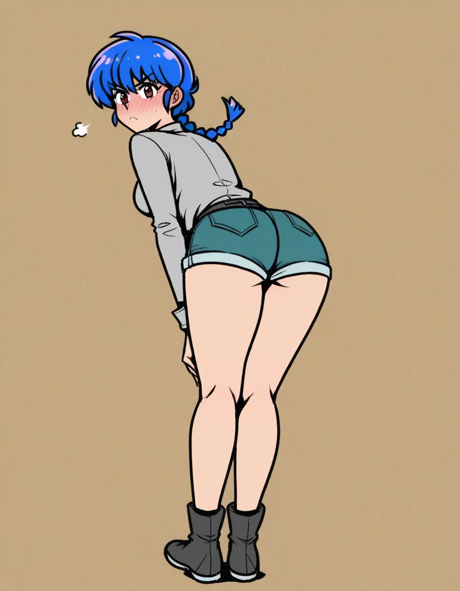 @ranma-chan, akairiot_artstyle, ass, from_behind, standing, blush, frown, embarrassed, full_body, 1girl, solo, shorts, (anime style:1.3), 2d, anime screencap, cel shading, flat color, @00osamio00