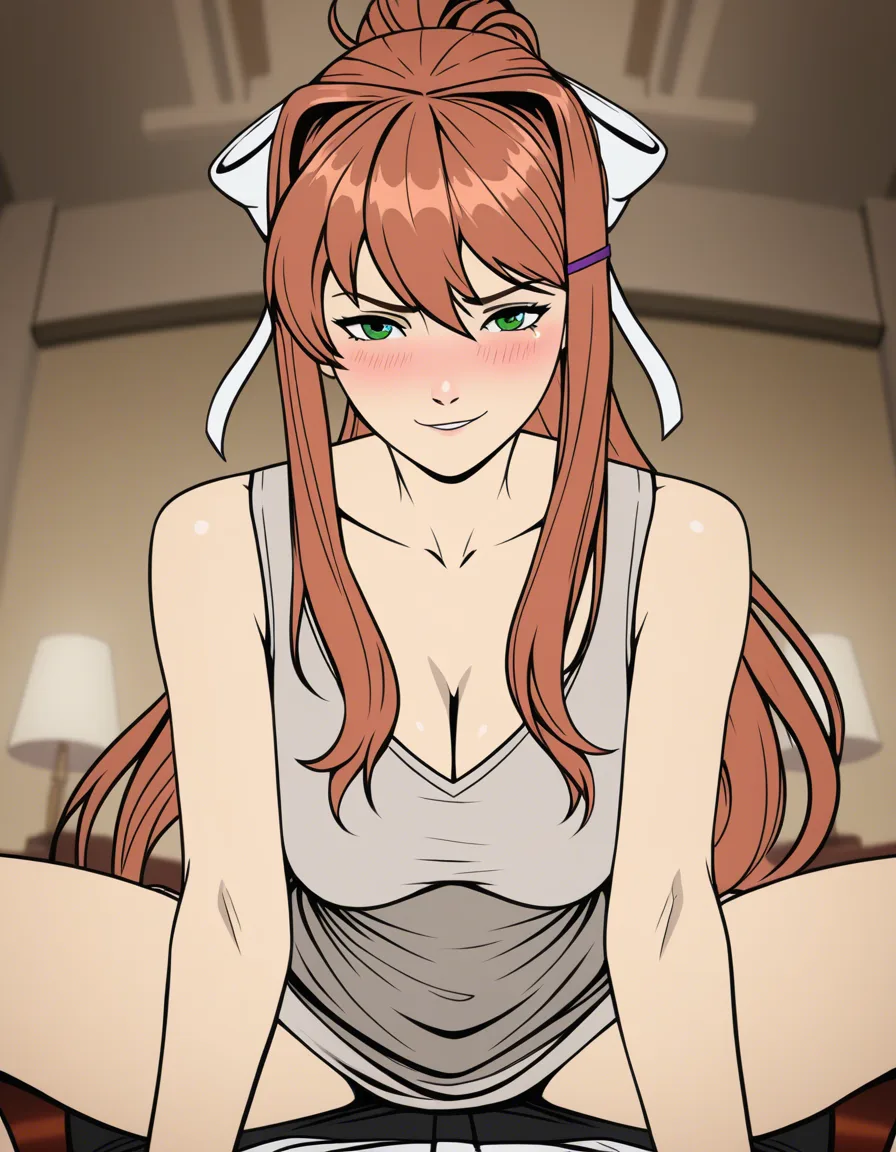 tarakanovich_artstyle, @monika_(doki_doki_literature_club), cowgirl_position, naughty_face, 1girl, blush, pov, (anime style:1.3), 2d, anime screencap, cel shading, flat color, @00osamio00