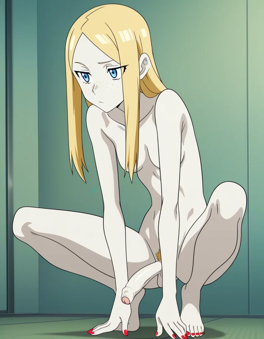 blonde_hair, straight_hair, blue_eyes, pale_skin, freckles, tall, skinny, small_breasts, futanari, uncircumcised_penis, foreskin, pubic_hair, feet, long_toes, red_nail_polish, nude, squatting, (anime style:1.3), 2d, anime screencap, cel shading, flat color, @00osamio00