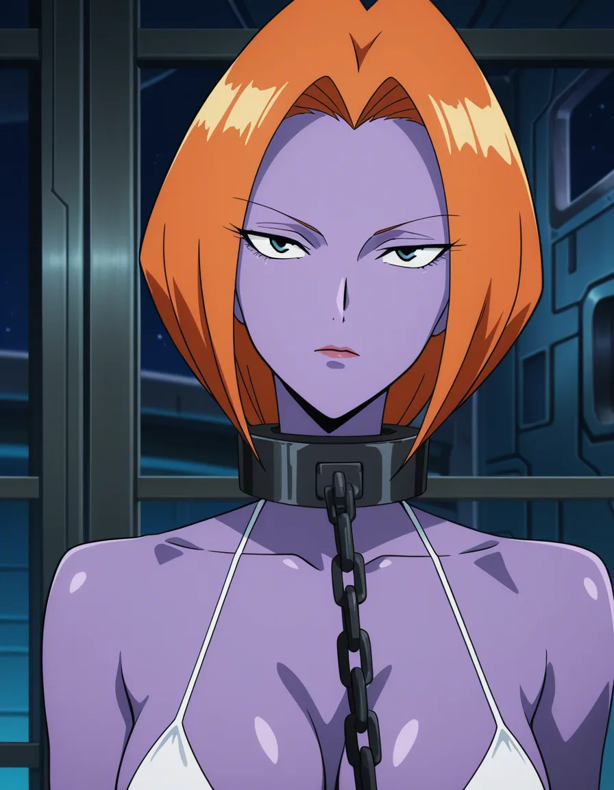 alien woman, purple skin, orange hair, white bikini, chained to bed, lustful eyes, looking_at_viewer, metallic room, window looking out into space, (anime style:1.3), 2d, anime screencap, cel shading, flat color, @00osamio00