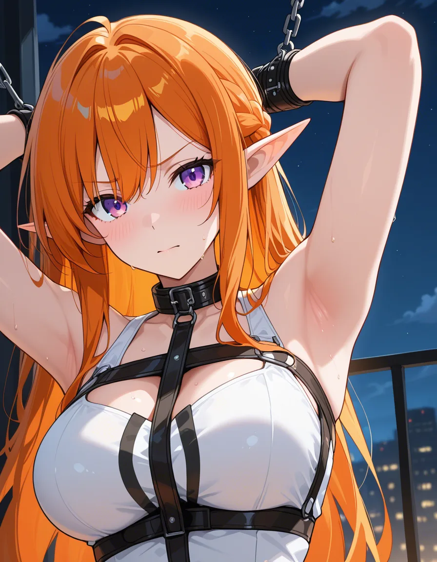 highres, vivid, elf girl, bondage, armpits, orange hair, night, eroge aesthetic, hentai_studio_quality