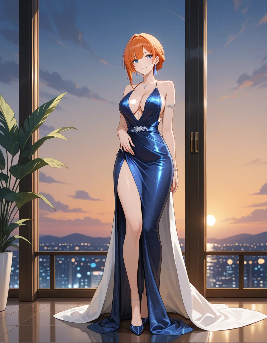 masterpiece, clean art, solo female, evening gown, presenting, dreamy atmosphere, full body, detailed shading, hentai_studio_quality