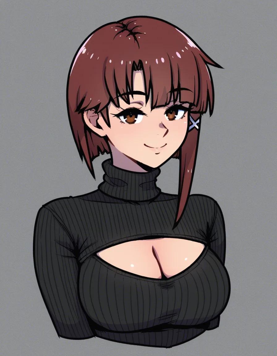 akairiot_artstyle, @iwakura_lain, 1girl, solo, brown_hair, short_hair, single_sidelock, hair_ornament, hairclip, x_hair_ornament, asymmetrical_hair, brown_eyes, aged_up, smile, medium_breasts, black_sweater, turtleneck_sweater, cleavage_cutout, looking_at_viewer, hentai_studio_quality